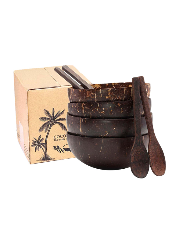 8-Piece Coconut Bowls & Wooden Spoon Set, Brown