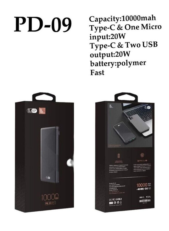 

Mog 10000mAh King Power Bank with USB Type-C and Micro-USB Input and USB Type-C and Two USB Output 20W, Black