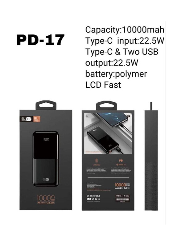 

Mog 10000mah King Power Bank with USB Type-C Input & USB Type-C and Two USB Output 22.5W, Black