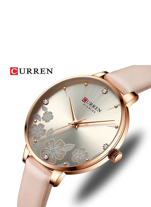 Curren Analog Quartz Wrist Watch for Women with Leather Band, Water Resistant, J-4896P, Pink-Gold