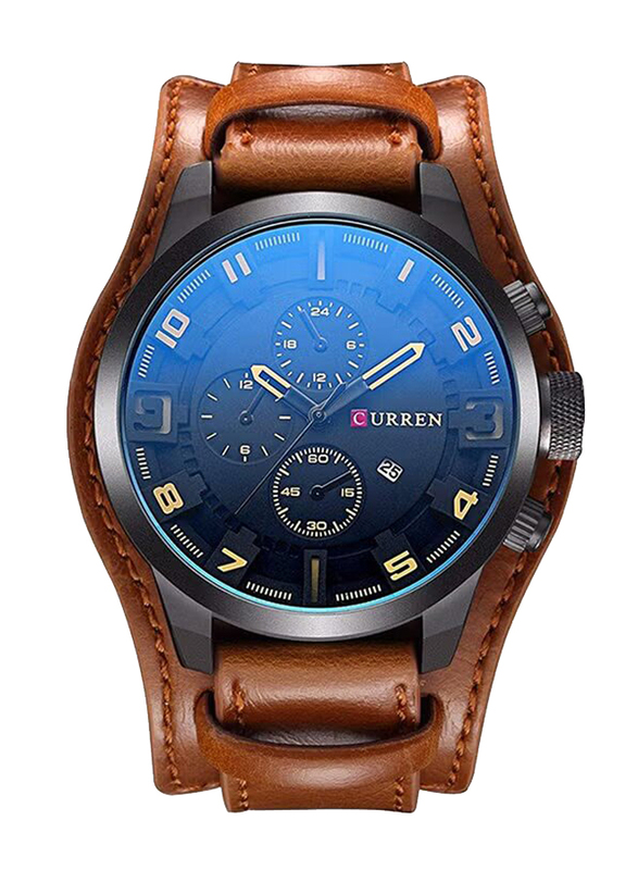 Curren Analog Watch for Men with Leather Band, Chronograph, WT-CU-8225-B, Brown-Blue
