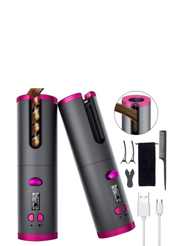 Automatic Cordless Auto Hair Curler with Accessories, Black/Pink