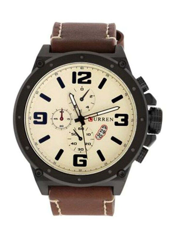 Curren Analog Watch for Men with Leather Band, Water Resistant and Chronograph, WT-CU-8230-W, Brown-Beige