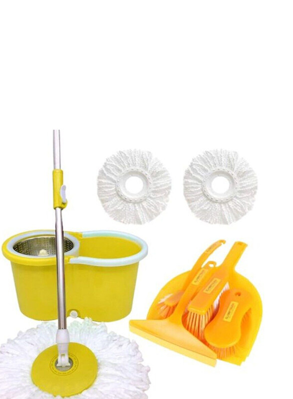 

Generic Spin Mop & Bucket with Stainless Steel Wringer, 2 Microfiber Mop Heads, 3 Scrub Brushes with 1 Glass Wiper & 1 Dust Pan Cleaning Set, 9 Pieces, Yellow