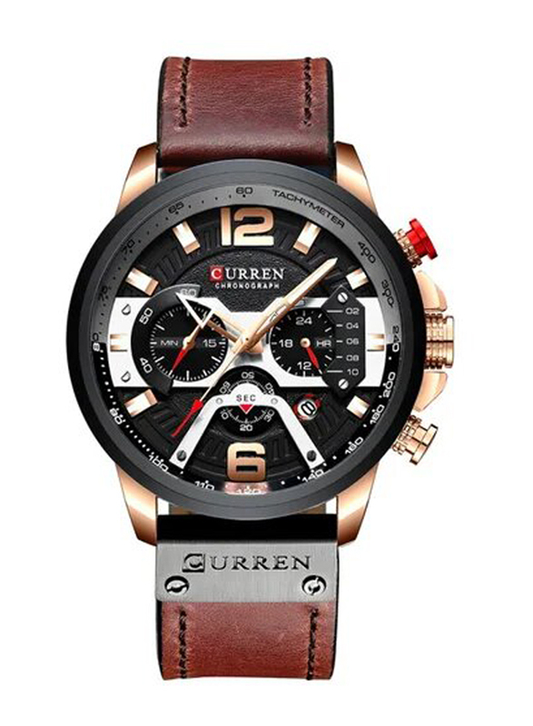 Curren Analog Watch for Men with Leather Band, Water Resistant and Chronograph, J313K, Coffee/Black