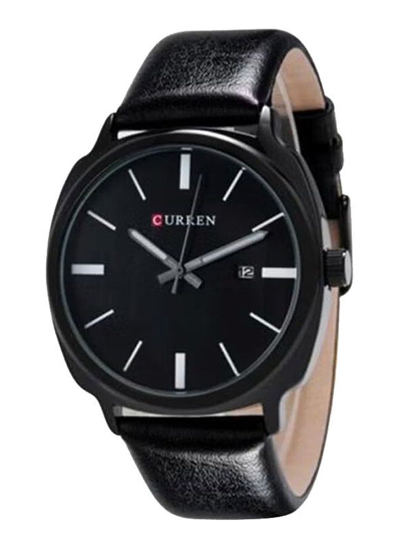 Curren Analog Watch for Men with Leather Band & Date Display, Water Resistant, 8212, Black