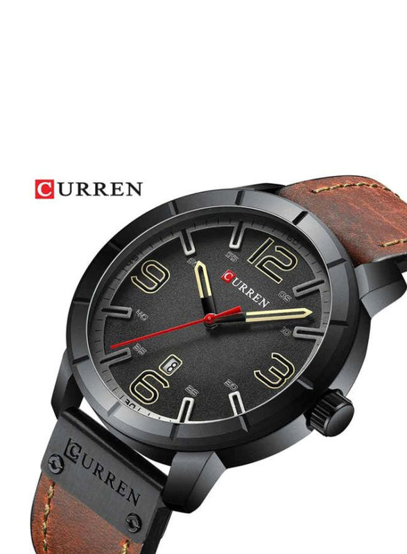 Curren Analog Watch for Men with Leather Band, Water Resistant, 8327, Brown-Black