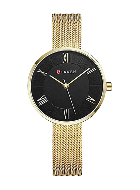 Curren Analog Watch for Women with Stainless Steel Band, Water Resistant, WT-CU-9020-GO#D2, Gold-Black