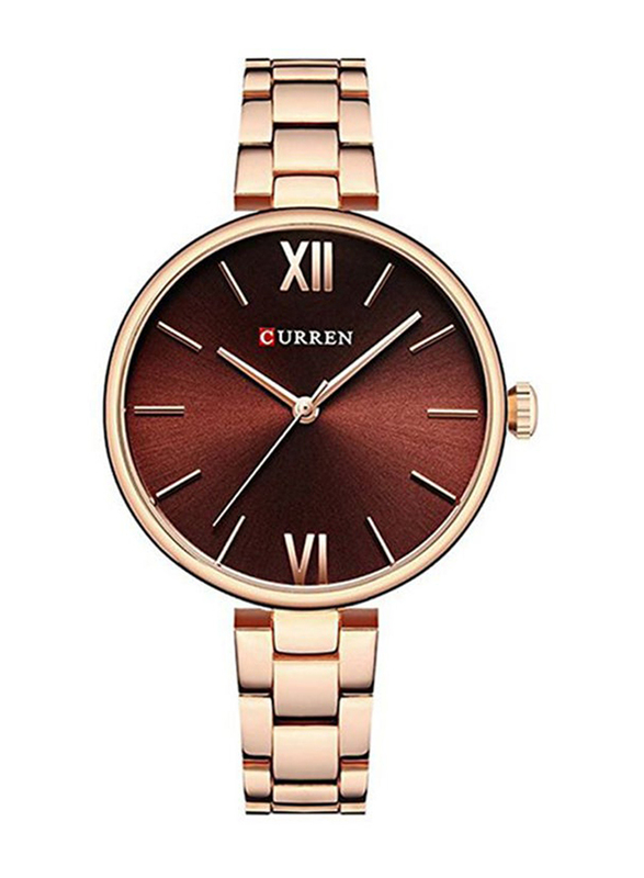 Curren Analog Watch for Women with Stainless Steel Band, Chronograph and Water Resistant, WT-CU-9017-RGO3D1, Rose Gold-Brown