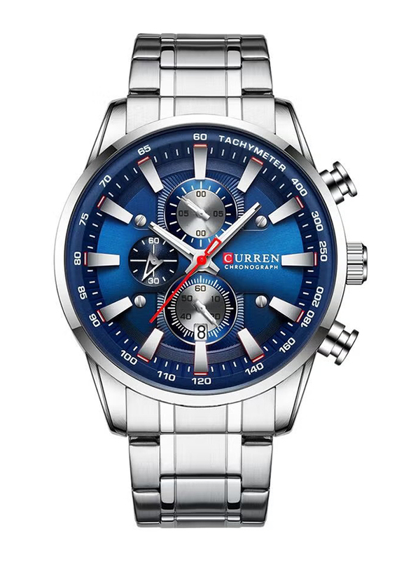 Curren Analog Watch for Men with Stainless Steel Band, Chronograph, J4223S-BL-KM, Silver-Blue