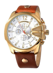 Curren Analog Wrist Watch for Men with Leather Band, WT-CU-8176-GO, Brown-White