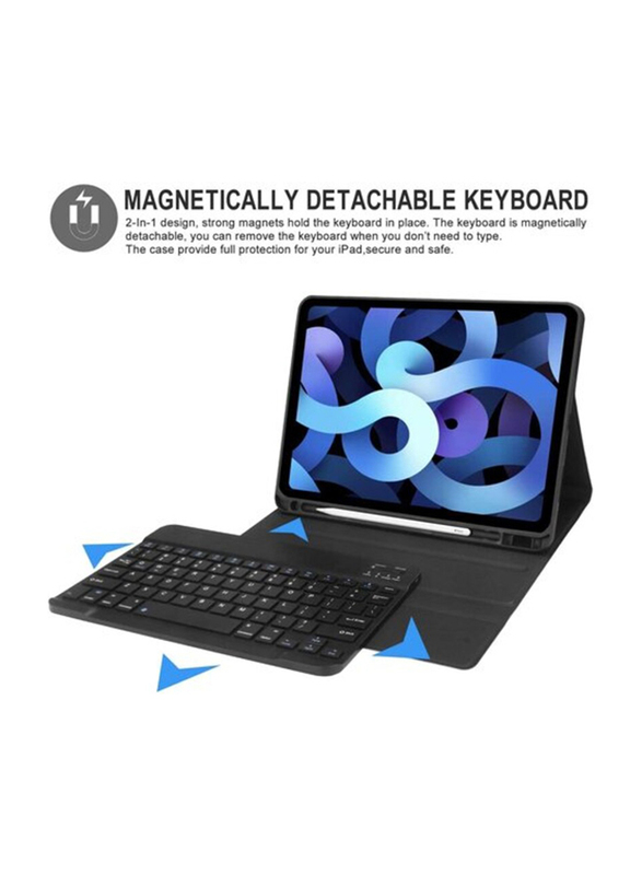 Ntech Detachable BT Smart Protective Folio English Keyboard Case with Pencil Holder, Auto Sleep/Wake for iPad Air 4th Gen 10.9"/iPad Pro 11“ 2018/2020, Dona, Black