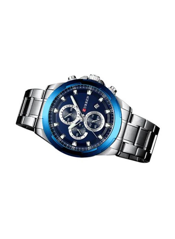 Curren Analog Watch for Men with Stainless Steel Band, Water Resistant and Chronograph, J4116-2-KM, Silver/Blue