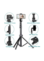 Selfie Stick Tripod with Bluetooth Remote for Apple iPhone, Android Phone, Small Camera, Black