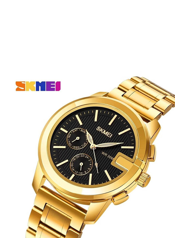 SKMEI Multifunction Business Analog Watch for Men with Stainless Steel Band, Water Resistant, Gold-Black