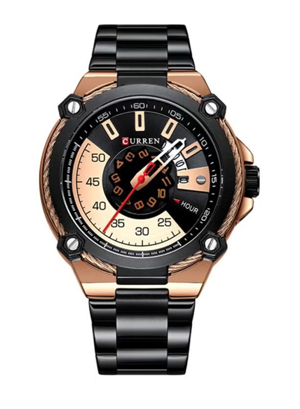 Curren Analog Watch for Unisex with Stainless Steel Band, Water Resistant, J4343B-1, Black-Rose Gold/Black
