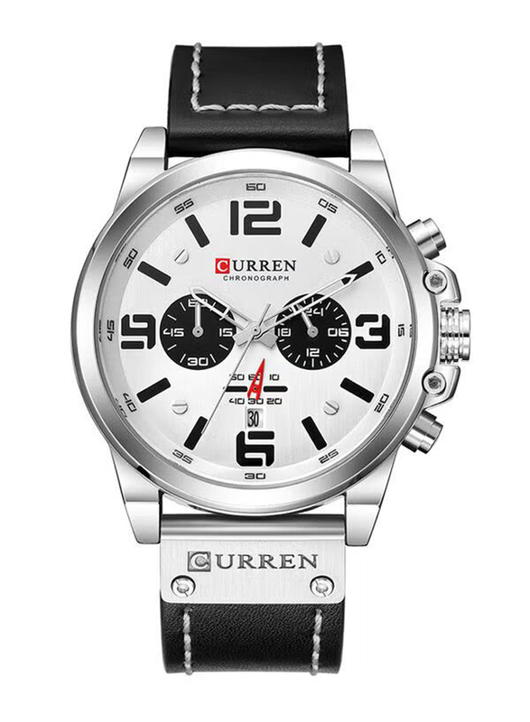 Curren Stylish Analog Watch for Men with Leather Band, J3559W-KM, Black-White