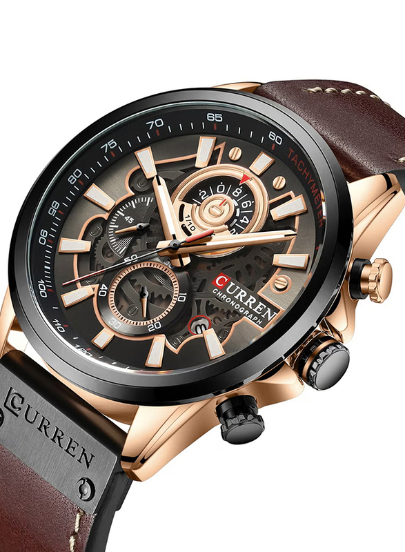 Curren Analog Watch for Men with Leather Band, Chronograph, 8380, Brown-Black