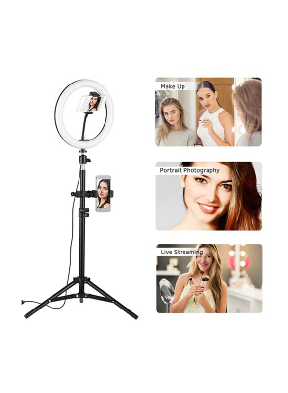 10 Inch Desktop LED Video Ring Light Lamp 3 Lighting Modes Dimmable USB Powered with Phone Holder, Black