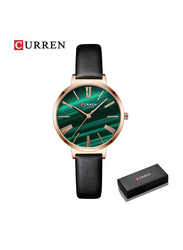 Curren Analog Quartz Watch for Women with Leather Band, Water Resistant, 9076, Black-Green