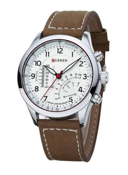 Curren Analog Watch for Men with Leather Band, Water Resistant, 8152, Brown-White