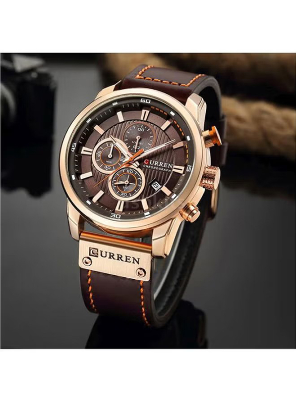 Curren Analog Watch for Men with Leather Band, Water Resistant & Chronograph, J3103BR, Brown-Brown/Gold