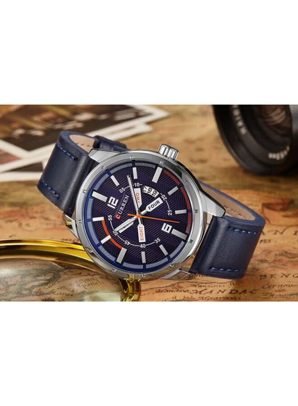 Curren Analog Watch for Men with Leather Band, Water Resistant, M-8211-1, Blue-Silver/Blue