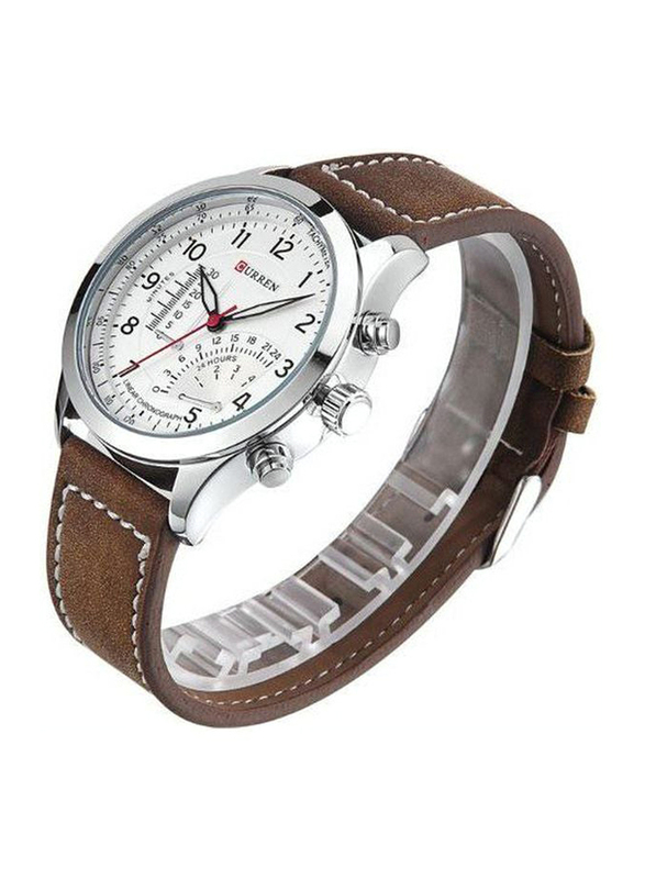 Curren Analog Watch for Men with Leather Band, Water Resistant, 8152, Brown-White