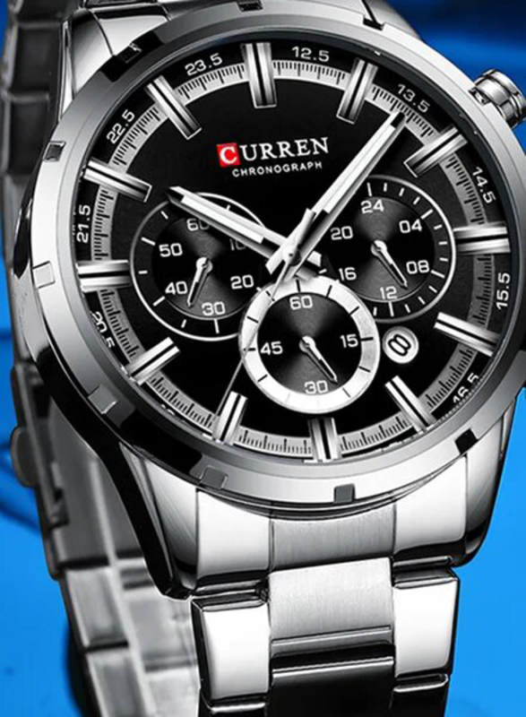 Curren Analog Watch for Men with Alloy Band, Water Resistant and Chronograph, J4056-5-KM, Silver/Black