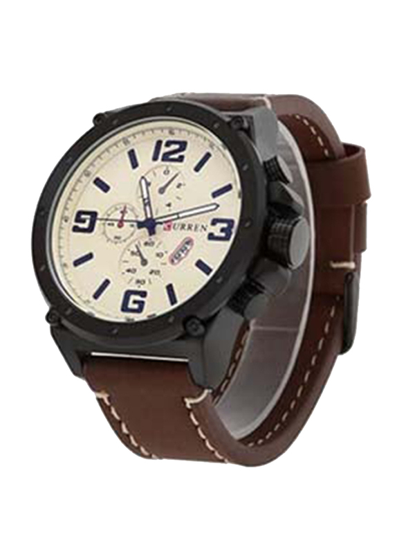 Curren Analog Watch for Men with Leather Band, Water Resistant and Chronograph, WT-CU-8230-W, Brown-Beige