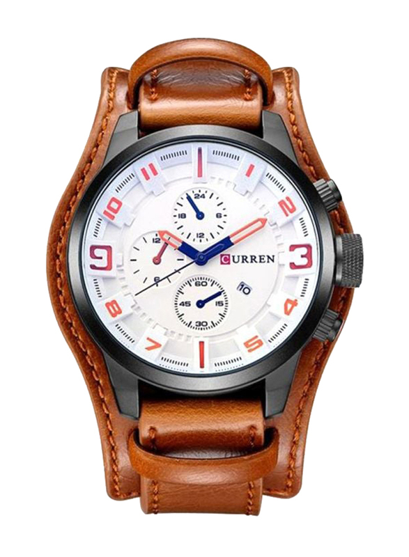 Curren Analog Watch Unisex with Leather Band, Water Resistant, 1855W-L, Brown-White