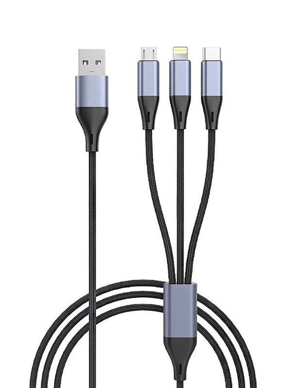 3-in-1 USB Phone Charger Cable, USB Type A to Multiple Type for Smartphones/Tablets, Grey/Black