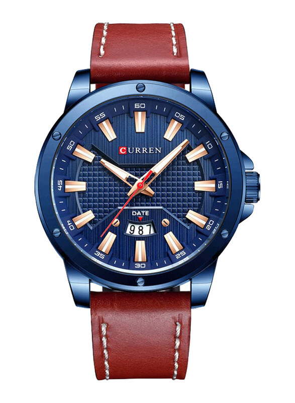 

Curren Analog Quartz Watch for Men with Leather Band, Water Resistant, J-4727BL, Red-Blue