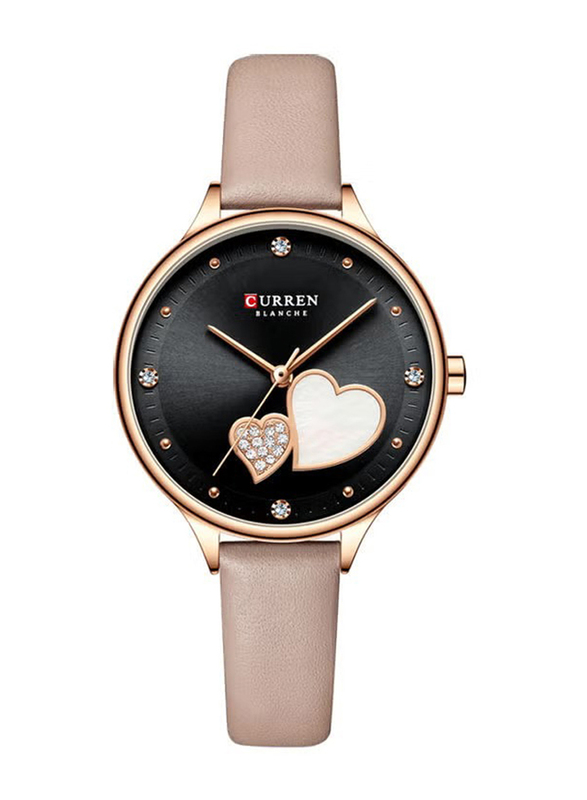 Curren Analog Stone Studded Watch for Women with Leather Band, Water Resistant, J-4781B, Beige-Black