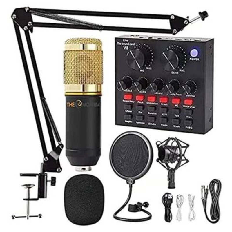 Live Broadcast Condensor Microphone Set With Sound Card, Black