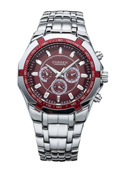 Curren Analog Watch for Men with Stainless Steel Band, Water Resistant and Chronograph, 8084, Silver-Red