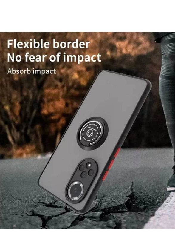 Nova 9 Flexible Silicone Bumper Shockproof Matte Mobile Phone Back Cover with 360 rotational Car Mount Magnetic Ring Holder, Black