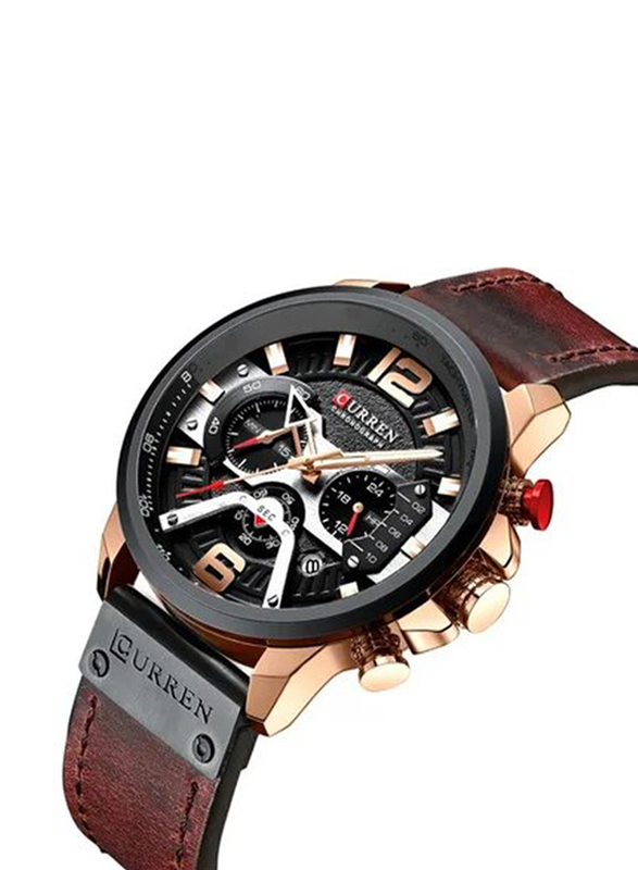 Curren Analog Watch for Men with Leather Band, Water Resistant and Chronograph, J313K, Coffee/Black