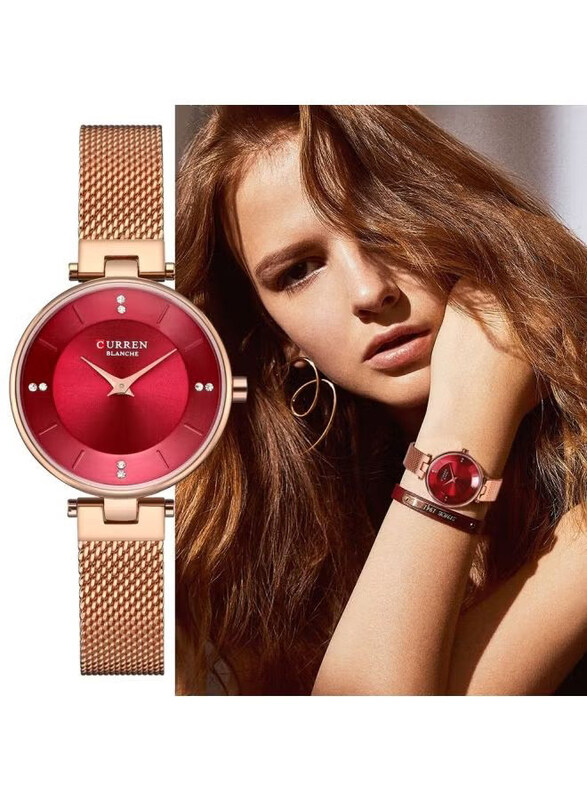 Curren Analog Watch for Women with Stainless Steel Band, Water Resistant, C9031L-3, Copper-Red