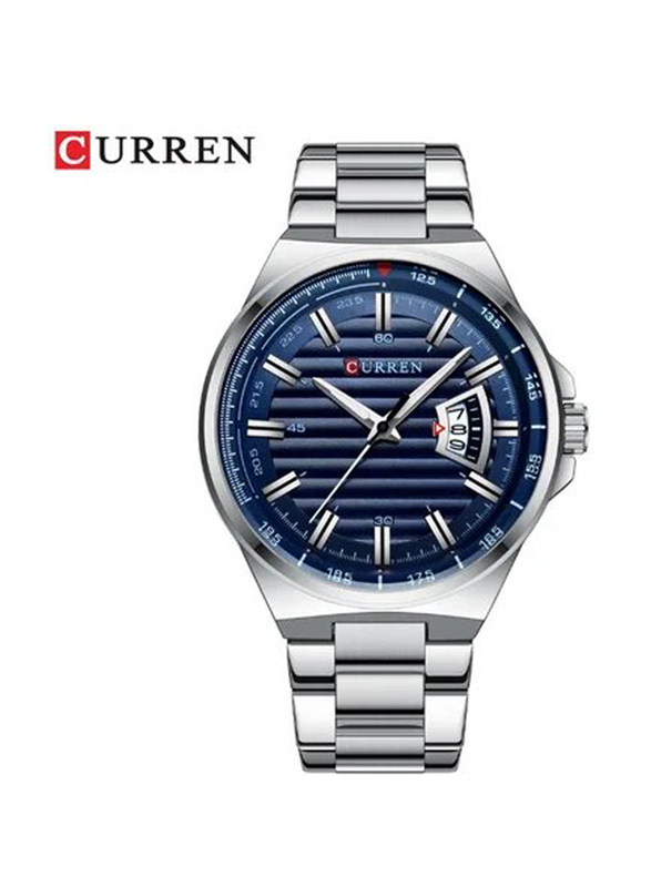 Curren Analog Watch for Men with Stainless Steel Band, Water Resistant, J4363S-BL-KM, Silver-Blue