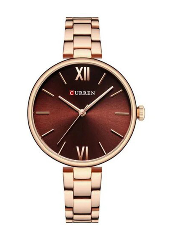 Curren Analog Watch for Women with Stainless Steel Band, Water Resistant, 9017, Gold-Burgundy