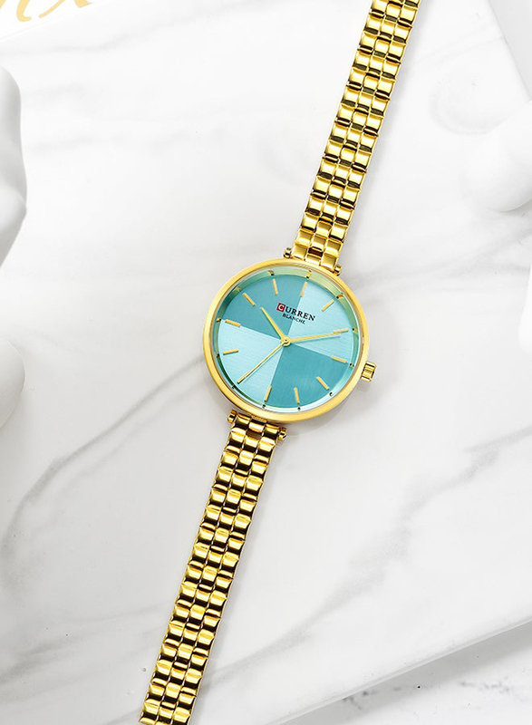 Curren Analog Wrist Watch for Women with Alloy Band, Water Resistant, 9043-4, Gold-Blue