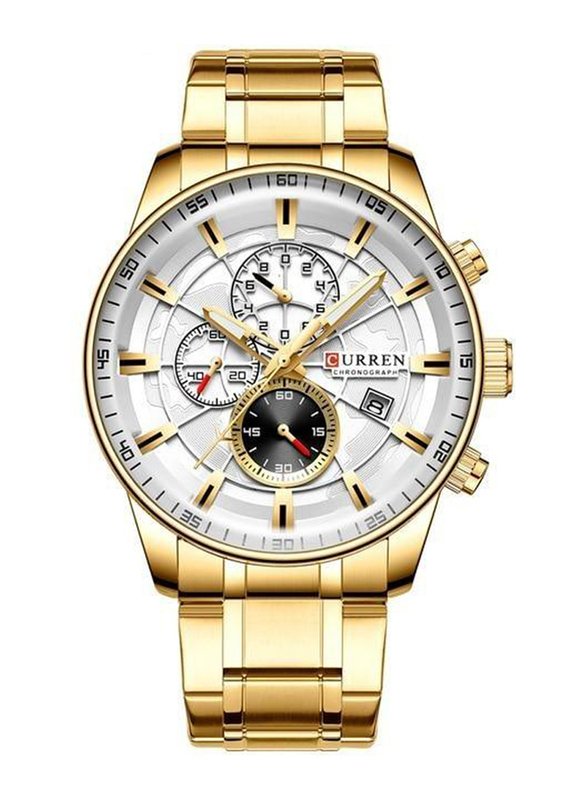 Curren Analog Watch for Men with Stainless Steel Band, Water Resistant and Chronograph, J4518G-S-KM, Gold-White