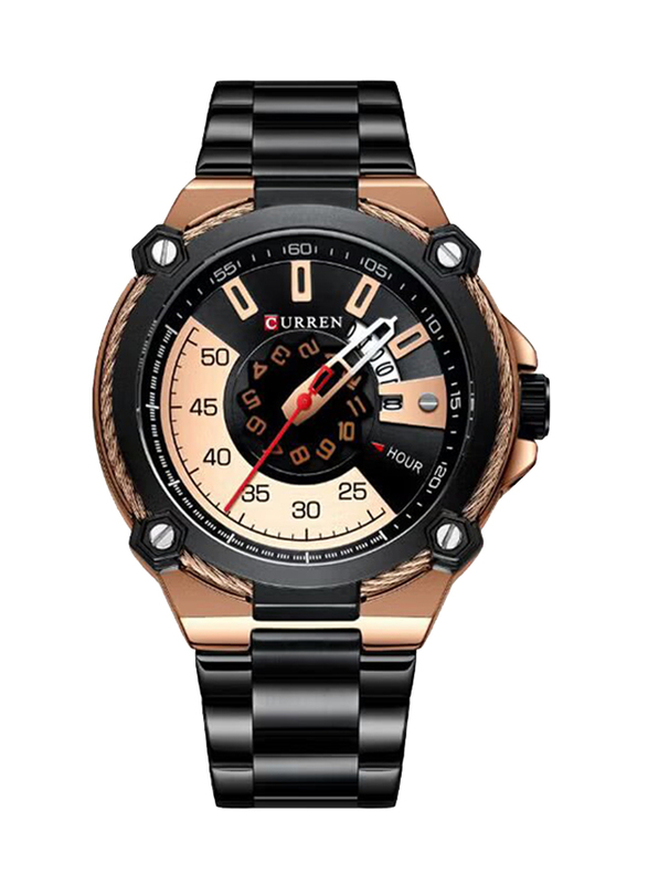Curren Analog Watch for Men with Stainless Steel Band with Date Display, J4174RGB-KM, Black-Black/Rose Gold