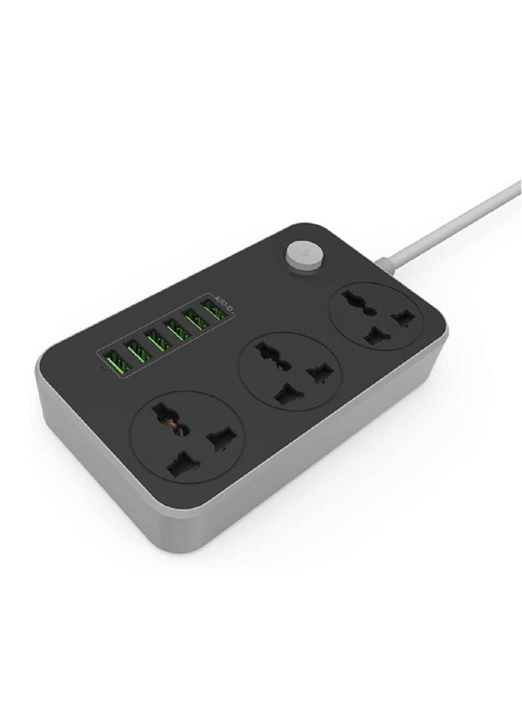 XiuWoo 3 Way Universal Power Socket Outlets Strips Extension Lead with 6 USB Ports, Black/Grey