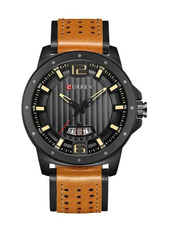 Curren Analog Watch for Men with Leather, Water Submerge Resistant, 8293, Black/Brown-Grey