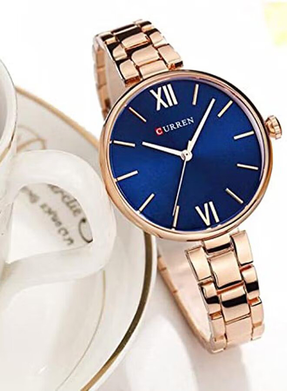 Curren Analog Quartz Watch for Women with Alloy Band, Water Resistant, 9017, Rose Gold-Blue