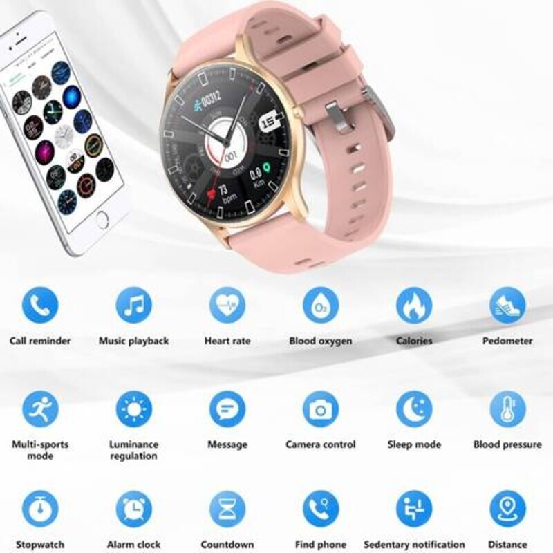 Round Full Touch Screen Bluetooth and Heart Tracker Smartwatch, Pink