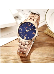 Curren Luxury Analog Watch for Women with Stainless Steel Band & Date Display, Water Resistant, Rose Gold-Blue