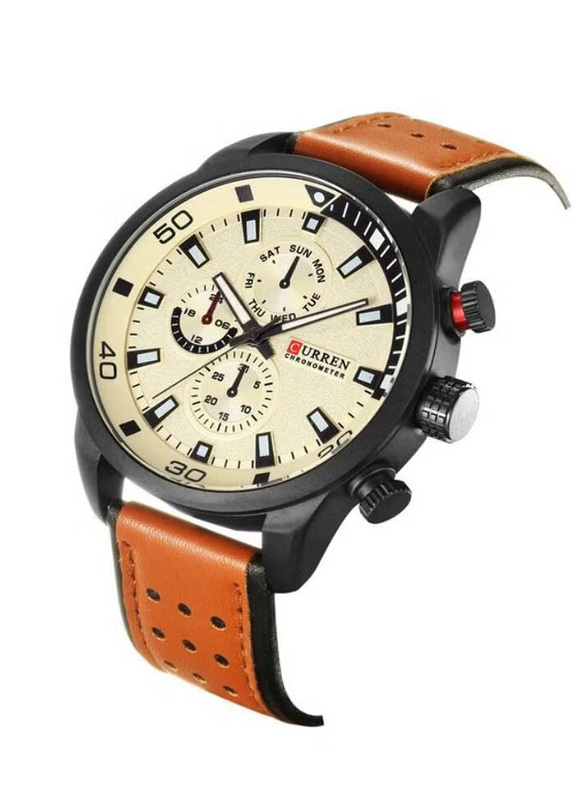 Curren Stylish Analog Watch for Men with Leather Band, Water Resistant and Chronograph, 8250, Brown-White